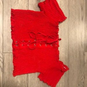 Red tie front crop top